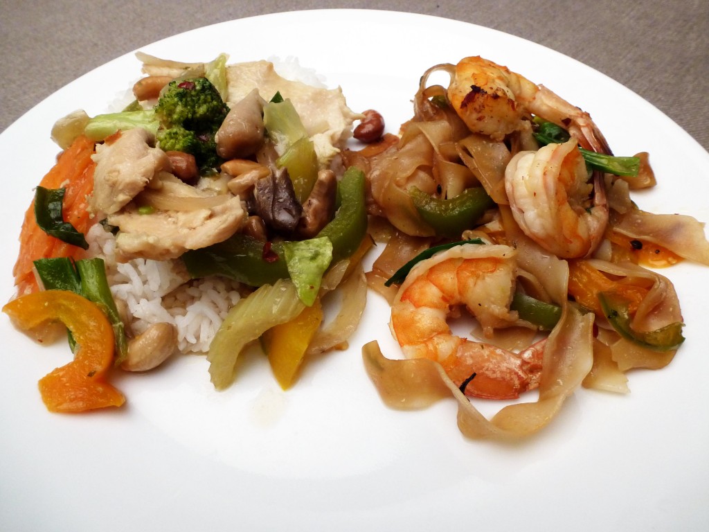 Cashew Nut Chicken And Flat Rice Noodles with Shrimp